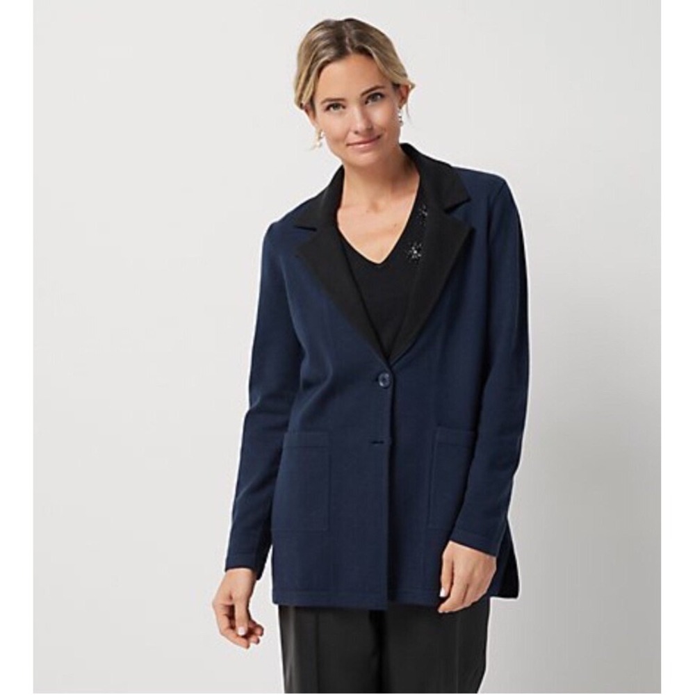 Jason Wu Navy Blue‎ Knit Blazer Jacket Black Trim Career Office Small S